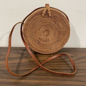 Bohemian Round Crossbody Rattan Wicker Tote Purse Hand Bag Brown Woven Basket
